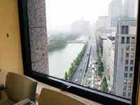 窓の外に広がる、日比谷公園や皇居の風景。