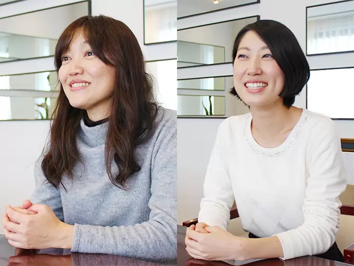 入社後一緒に働いていただくお二人です。事務のSさん（写真左）と、総務のMさん（写真右）