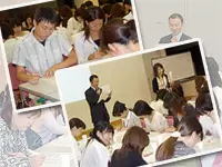 一度に50名程が集う集合研修。終始賑やかな雰囲気の中で学べます