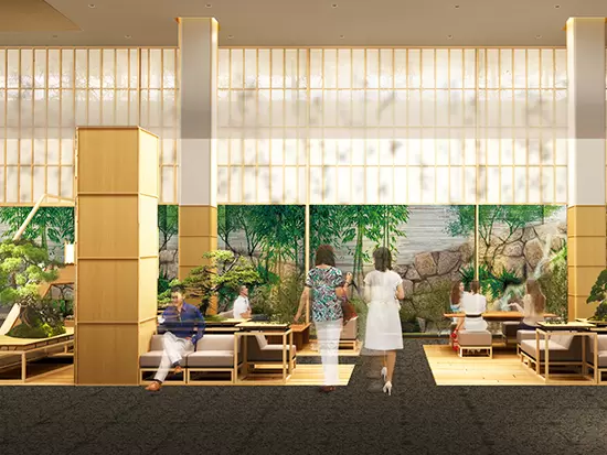 お寺などで用いられている建築法を取り入れた天井など、古都京都を意識したエントランスです。