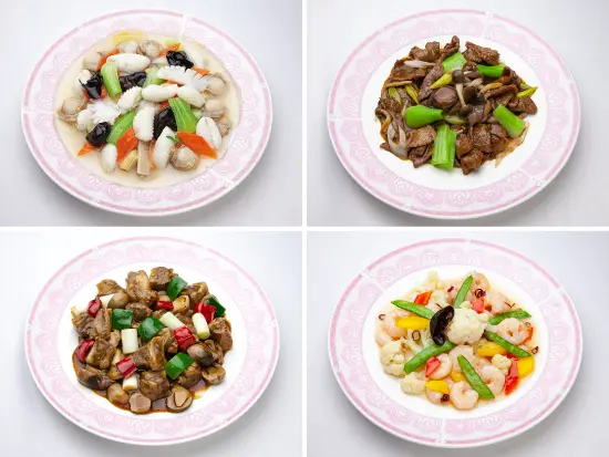 ホタテとイカ塩味炒め、和牛肉黒胡椒炒め、牛カルビとフクロ茸黒胡椒炒め、海老とカリフラワーピリ辛炒め