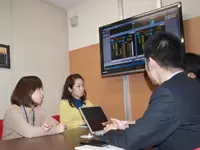 会議の模様。壁のスクリーンには、日経225ミニの指数の動向が。