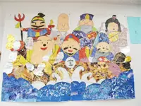 手先が器用な方が多く、お正月には利用者とともに七福神の貼り絵を作りました。