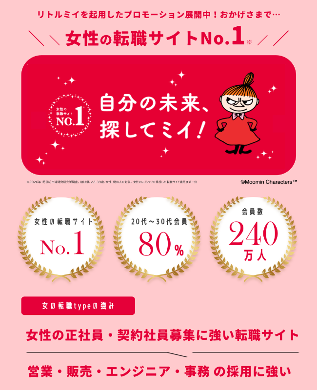 女性の転職サイト総合満足度No.1 女の転職type&reg; ※2022年1月(株)市場開発研究所調査。1都3県、22-39歳、女性、勤め人を対象。（求人まとめサイト、有効回答数50未満のサイトは対象外）